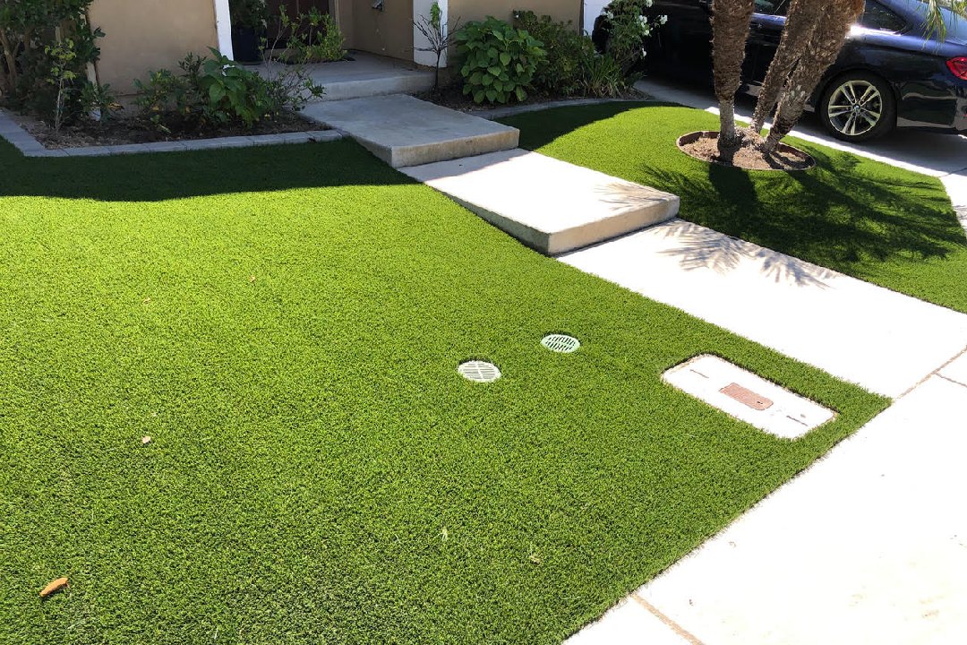 Functional and beautiful artificial turf surrounding newly paved concrete pathway.