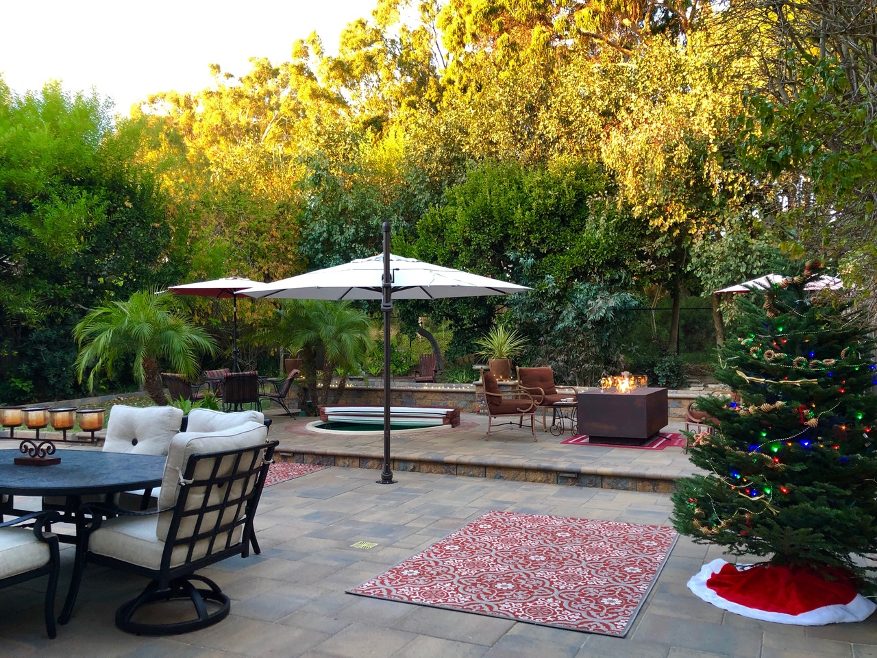 Paver patio with built-in spa, fire pit, and outdoor dining area surrounded by lush landscaping